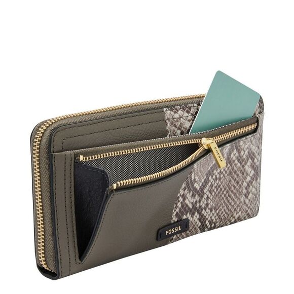 New! FOSSIL Logan RFID Wallet Zip Clutch Wristlet Strap Taupe Snakeprint Black - Picture 5 of 10